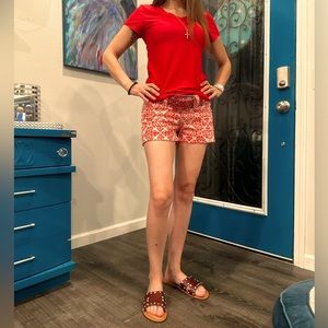 Unique Brocade Print Miss Me Cargo Shorts in Poppy Red and Cream Size 27